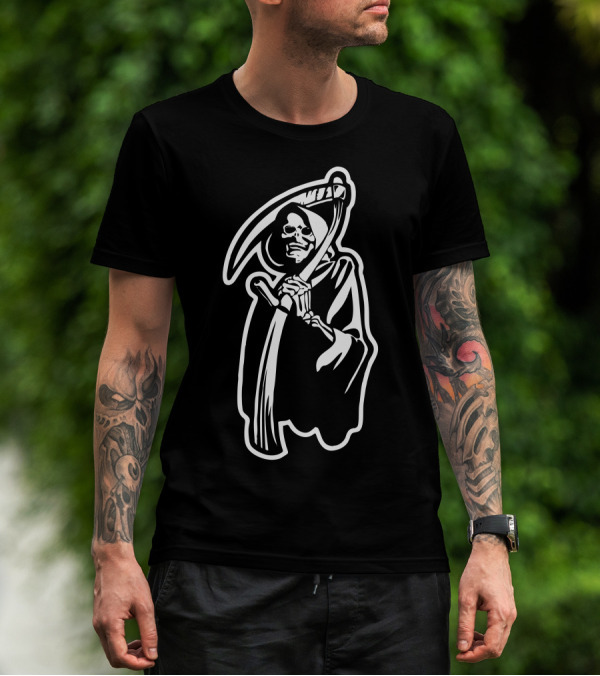 Grim Reaper Scythe Black Cloaked Skeleton T-Shirt