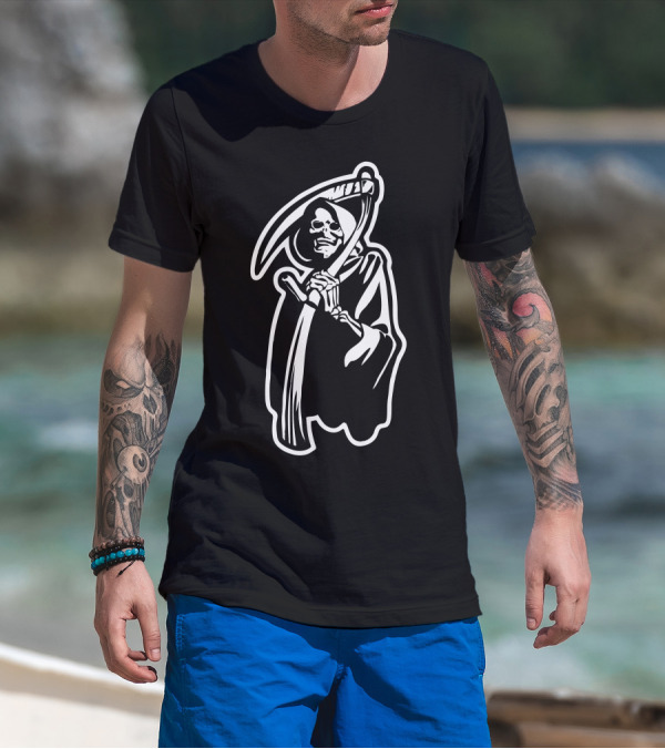 Grim Reaper Scythe Black Cloaked Skeleton T-Shirt