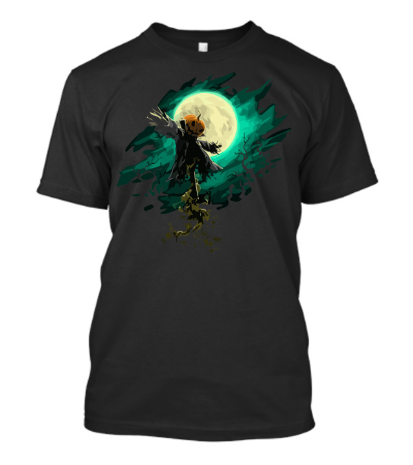 Haunted Scarecrow Pumpkin Head Under Full Moon Sky T-Shirt
