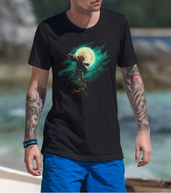 Haunted Scarecrow Pumpkin Head Under Full Moon Sky T-Shirt