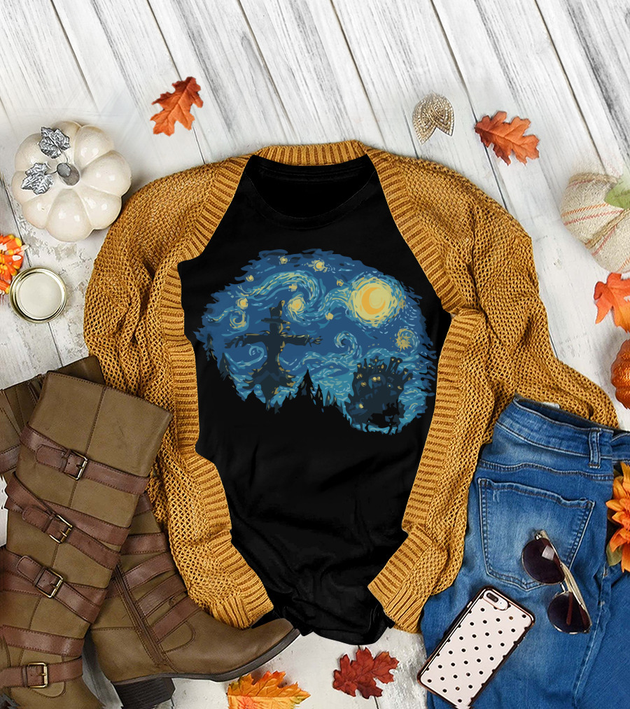 Van Gogh Starry Night Howl's Moving Castle Scarecrow and Night Sky T-Shirt