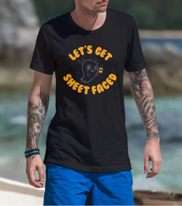 LET'S GET SHEET FACED Merry Ghost Holding Drink T-Shirt