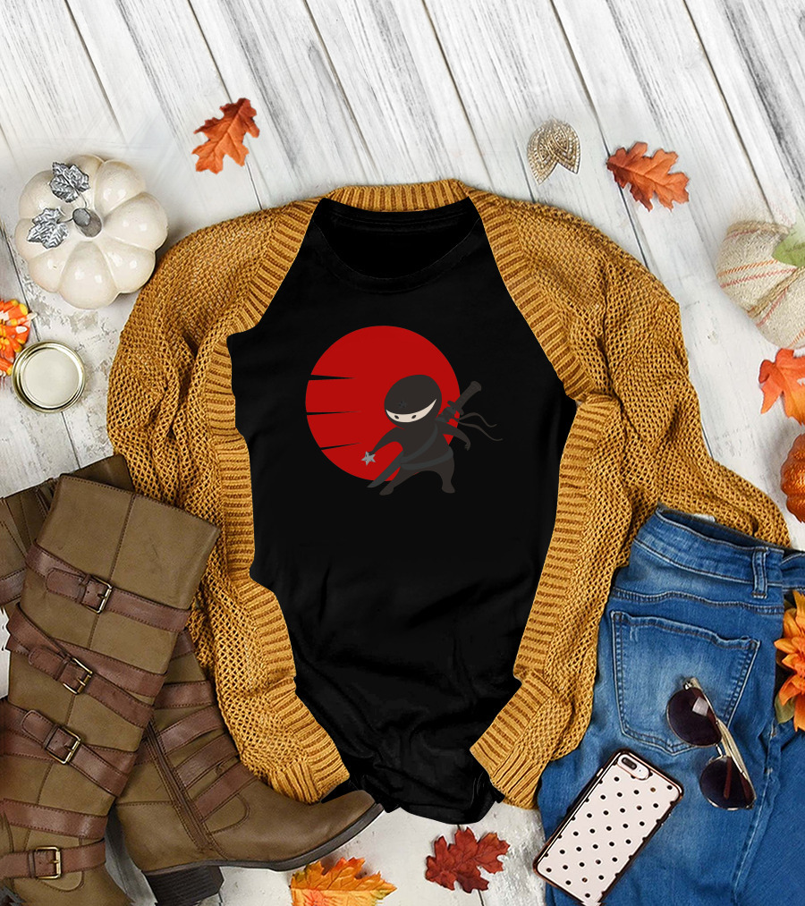 Little Ninja with Shuriken and Red Sun Background T-Shirt