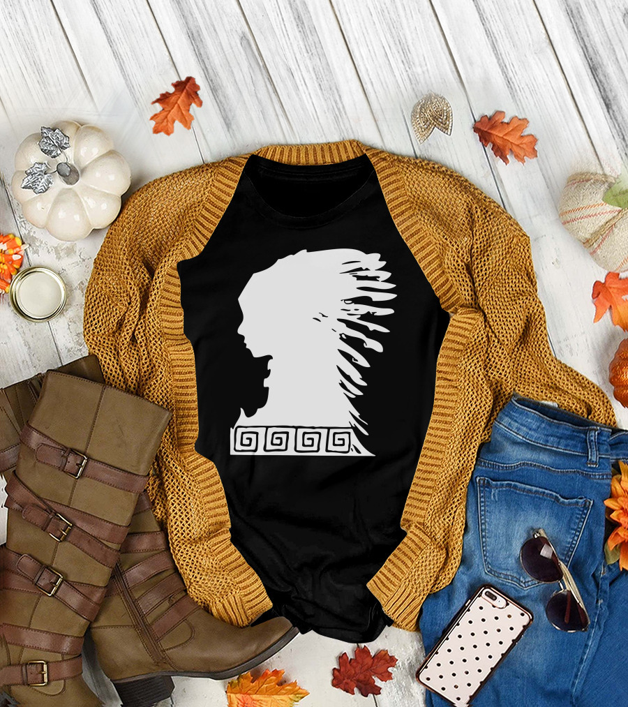 Native American Chief in Traditional Headdress with Tribal Swirls T-Shirt