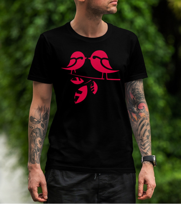 Stencil Birds On Branch With Leaves T-Shirt