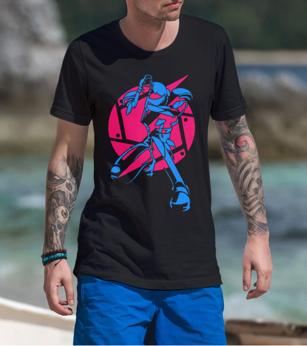 Super Metroid Samus Aran Neon Style Dynamic Action Pose T-Shirt