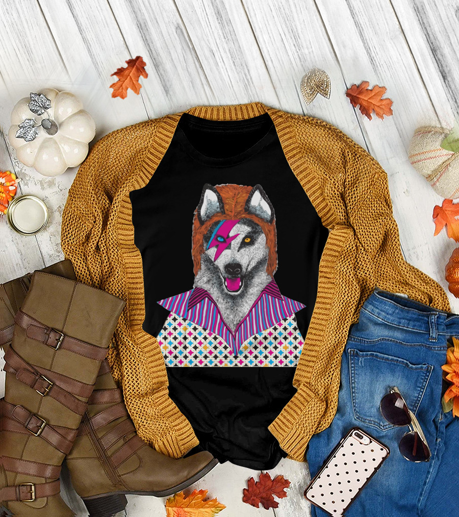 Wolf Stardog with Iconic Lightning Bolt Makeup in Colorful Ziggy T-Shirt