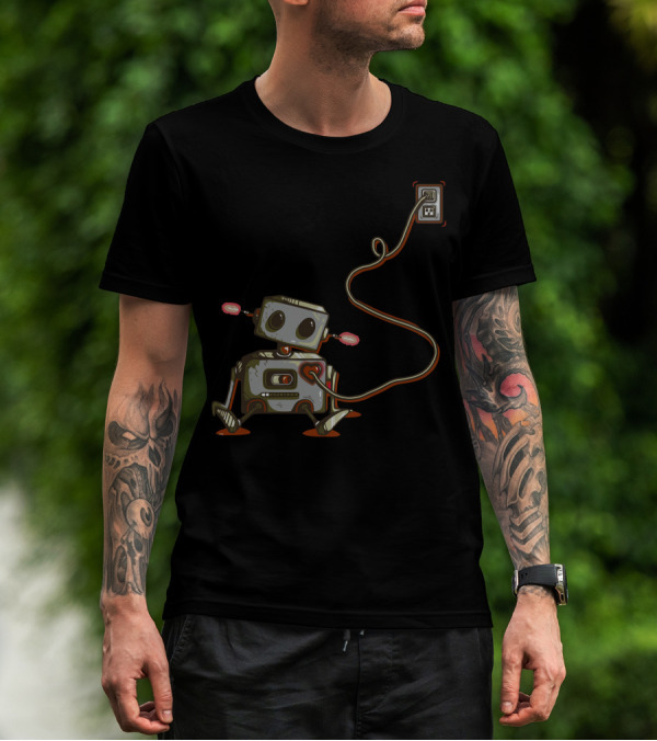 The Heart Goes On Robot With Heart Plugged Into Wall Socket T-Shirt