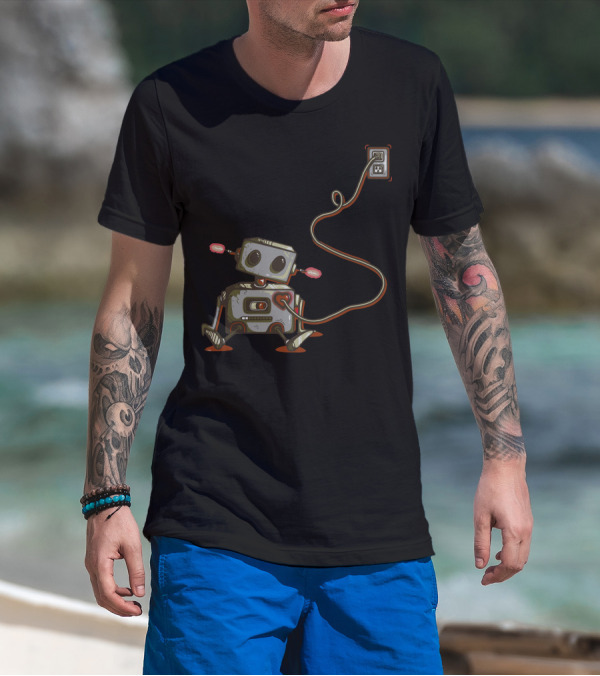 The Heart Goes On Robot With Heart Plugged Into Wall Socket T-Shirt