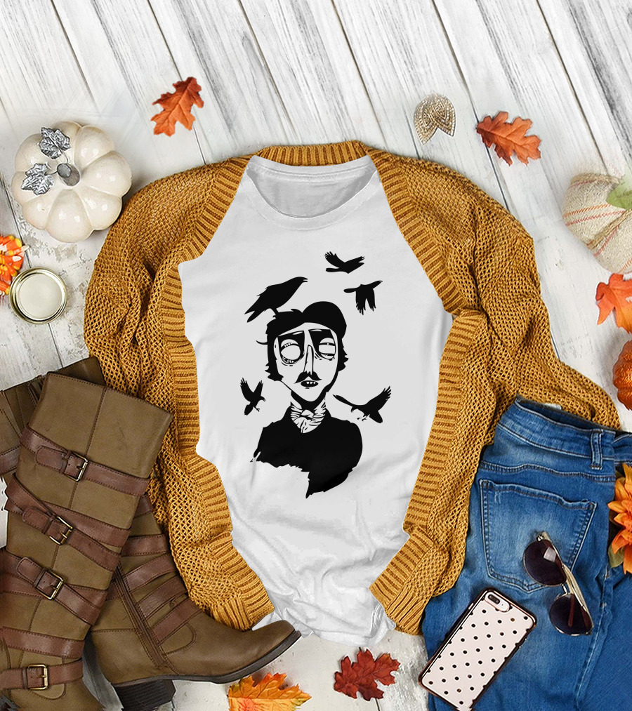 Edgar Allan Poe Dark Silhouette with Ravens T-Shirt