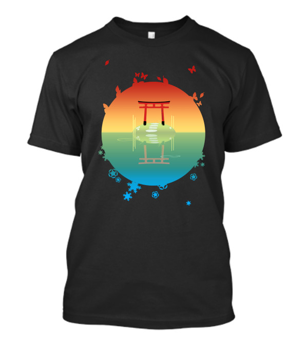 Sunset Shrine Reflection On The Lake With Butterflies T-Shirt