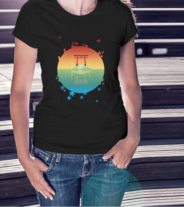 Sunset Shrine Reflection On The Lake With Butterflies T-Shirt