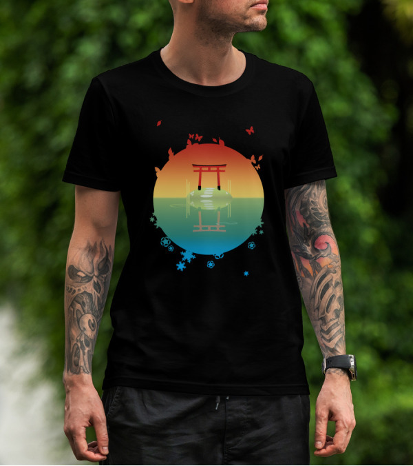 Sunset Shrine Reflection On The Lake With Butterflies T-Shirt