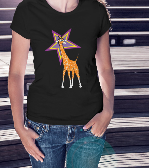 Surprised Giraffe With Purple And Yellow Star Background T-Shirt