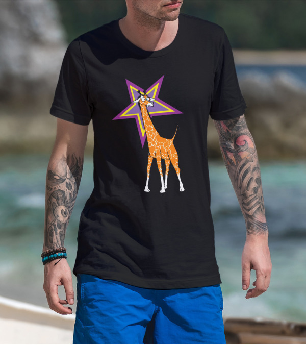 Surprised Giraffe With Purple And Yellow Star Background T-Shirt