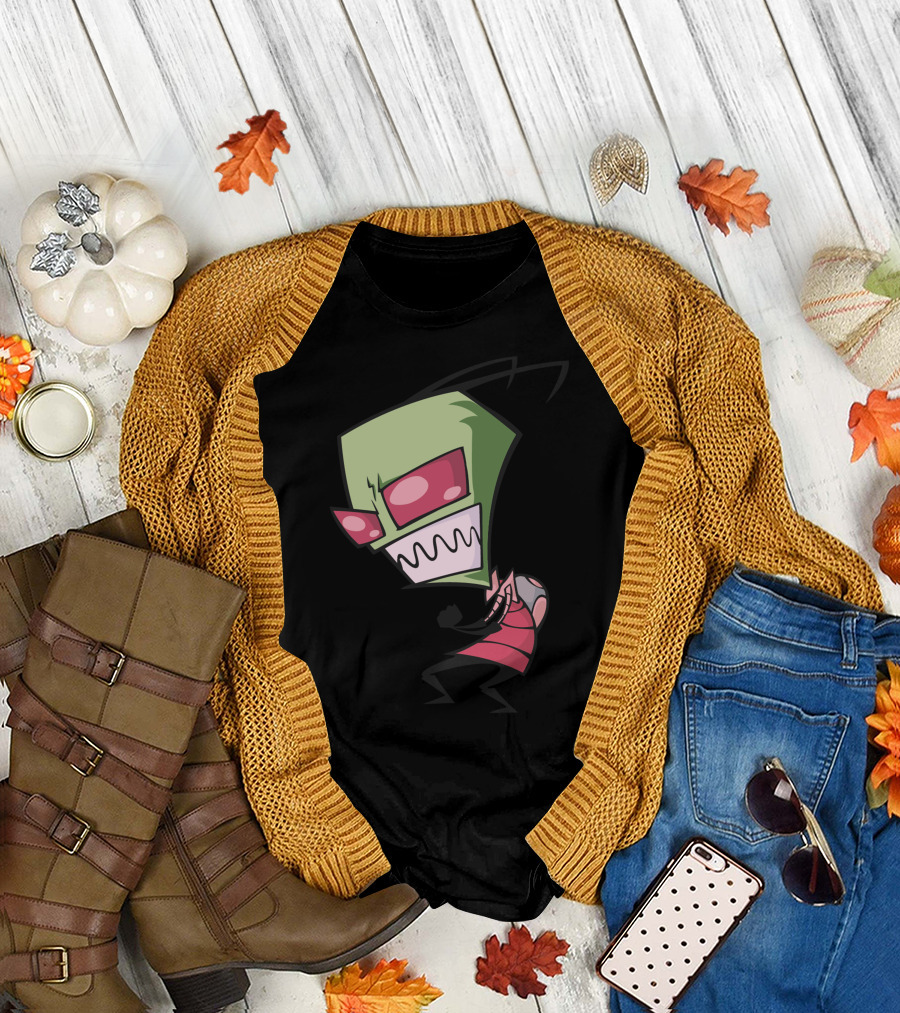 Invader Zim Cartoon Character with Green Head and Pink Stripes T-Shirt