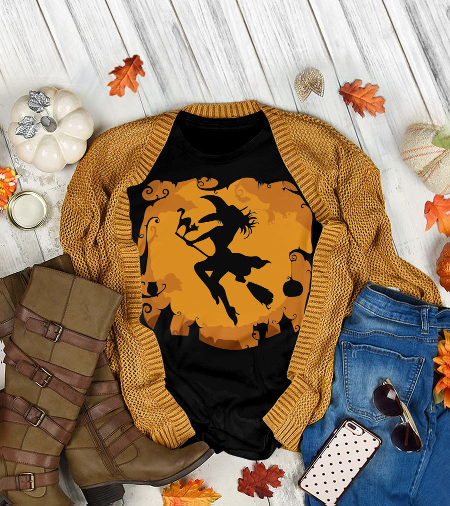 Halloween Story Witch Silhouette on Orange Background T-Shirt
