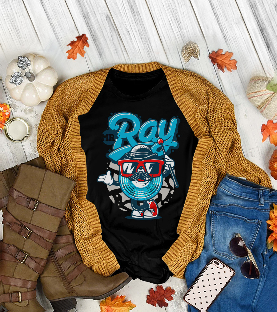 MrBlu Ray Cool Mustache Character in Hat and Glasses T-Shirt