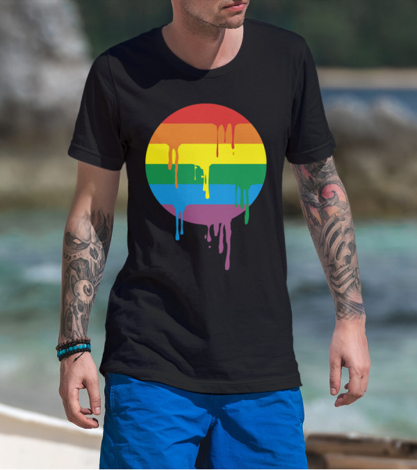 Rainbow Stripes Dripping Circle With Running Splashes T-Shirt