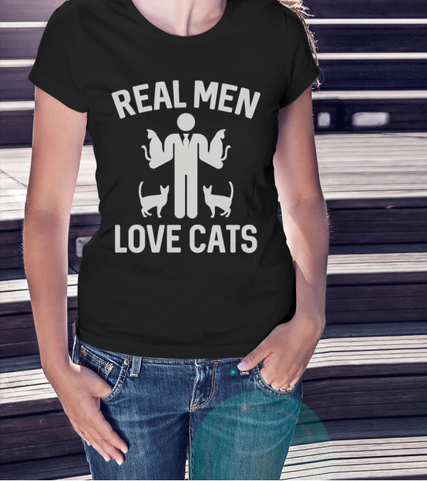 REAL MEN LOVE CATS Handsome Stick Figure Cat Lover T-Shirt