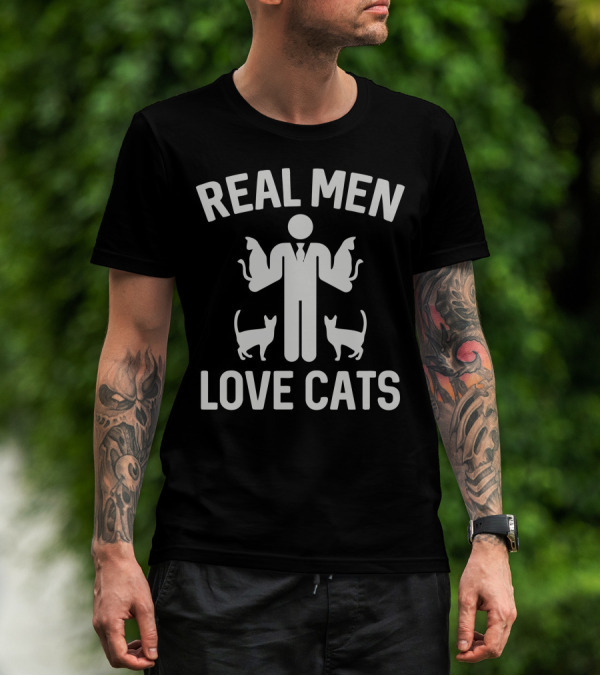 REAL MEN LOVE CATS Handsome Stick Figure Cat Lover T-Shirt