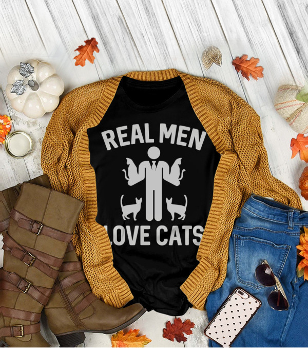 REAL MEN LOVE CATS Handsome Stick Figure Cat Lover T-Shirt