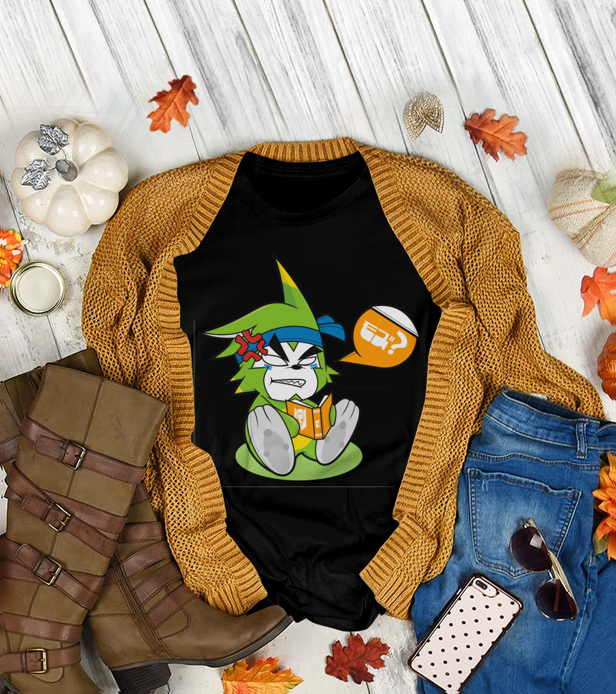 Rufu The Green Wolf Reading Comic with Speech Bubble and Angry Expression T-Shirt