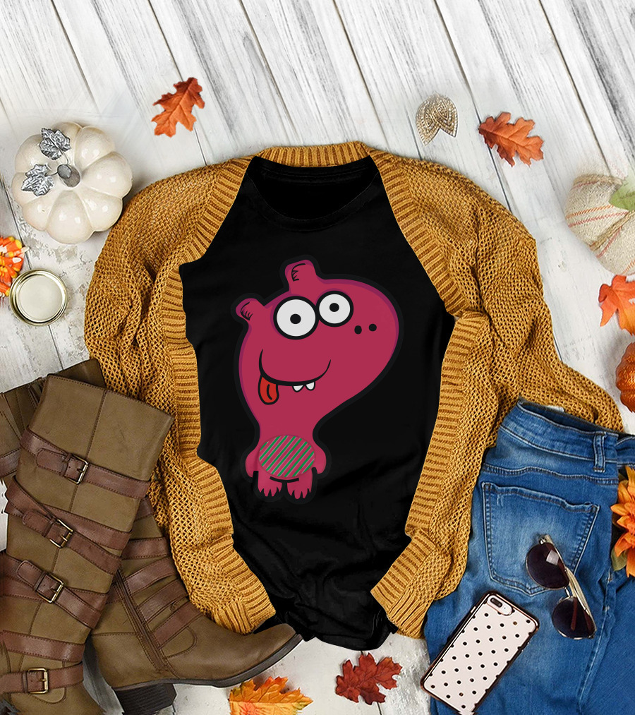 Rupert Cute Pink Cartoon Character with Striped Belly and Goofy Expression T-Shirt