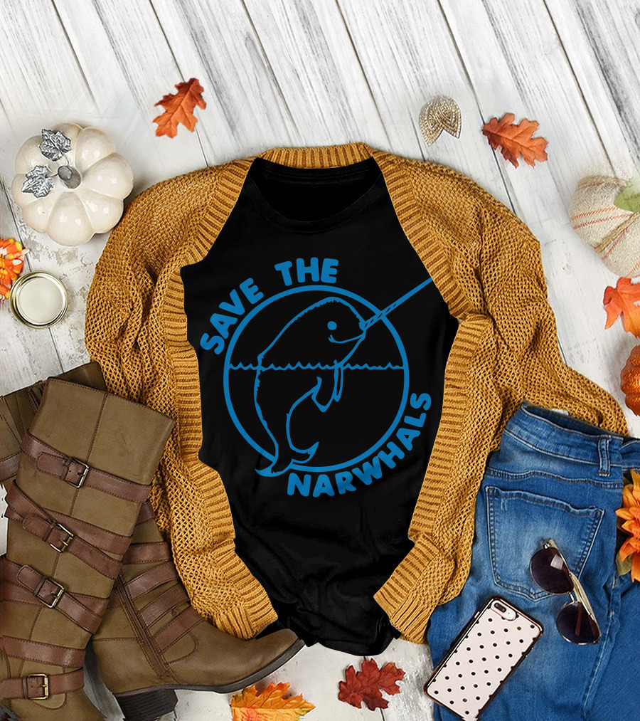 Save The Narwhals Blue Line Drawing with Circular Frame T-Shirt