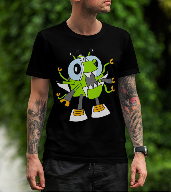 Alien Orbitons Max Green Cartoon Character With Big Eyes And Antennas T-Shirt