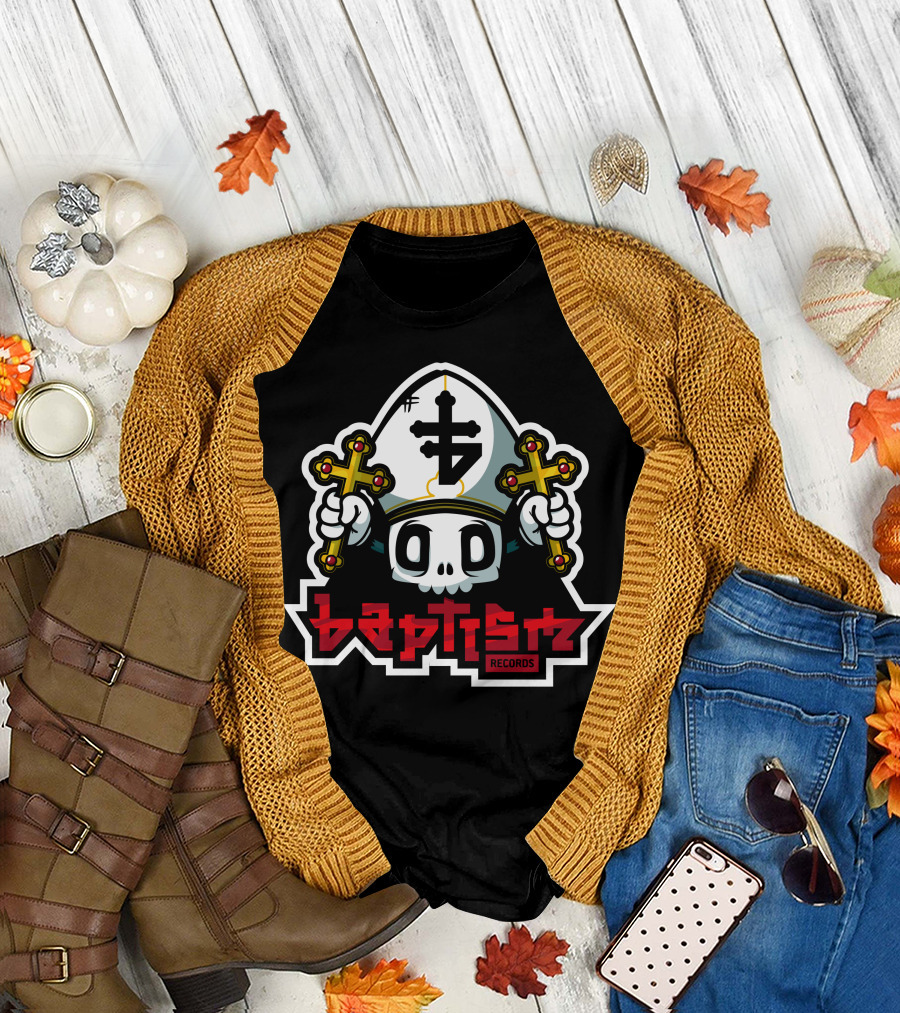 Baptism Records Skull with Crosses and Mitre T-Shirt