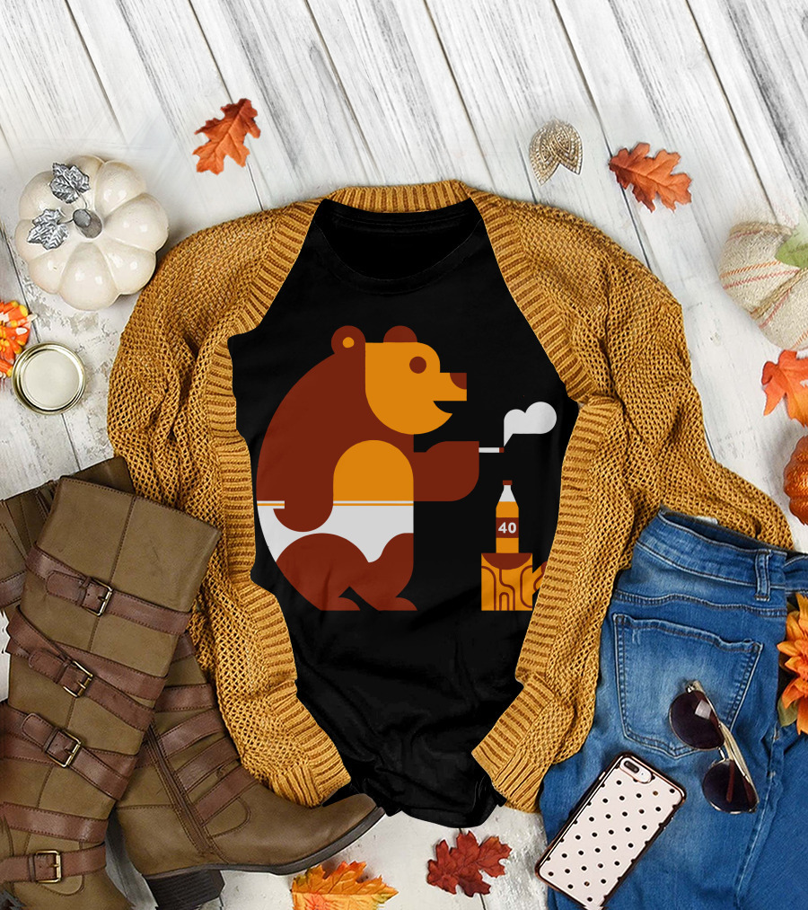 Bear in Underwear Smoking Pipe with Bottle and Log T-Shirt