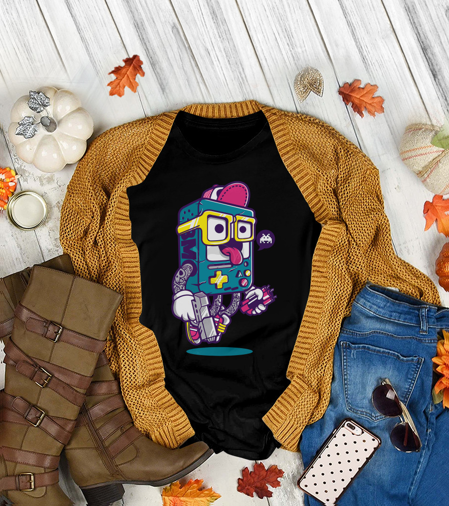 Bmo Retro Gaming Console Character with Space Invader Icon and Tattoo Style Elements T-Shirt