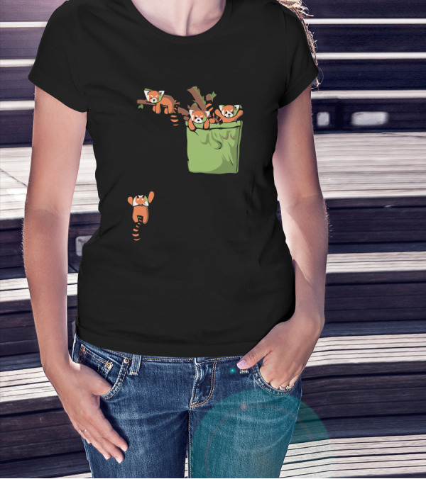 Pocket Red Pandas Hanging On Branches And Climbing Out Of Green Pocket T-Shirt