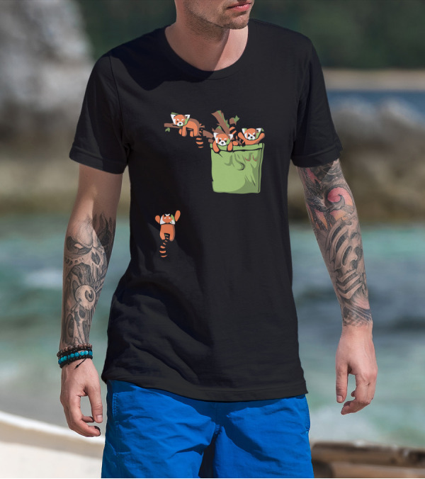 Pocket Red Pandas Hanging On Branches And Climbing Out Of Green Pocket T-Shirt