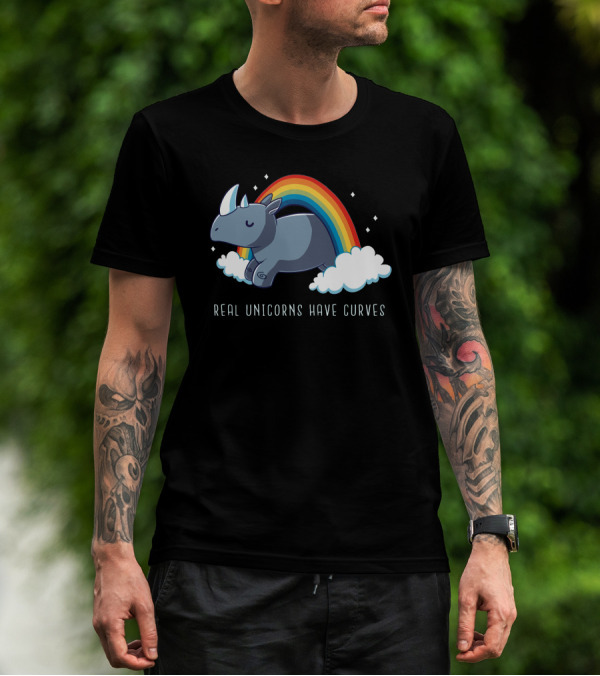 Real Unicorns Have Curves Rhino Rainbow Clouds T-Shirt
