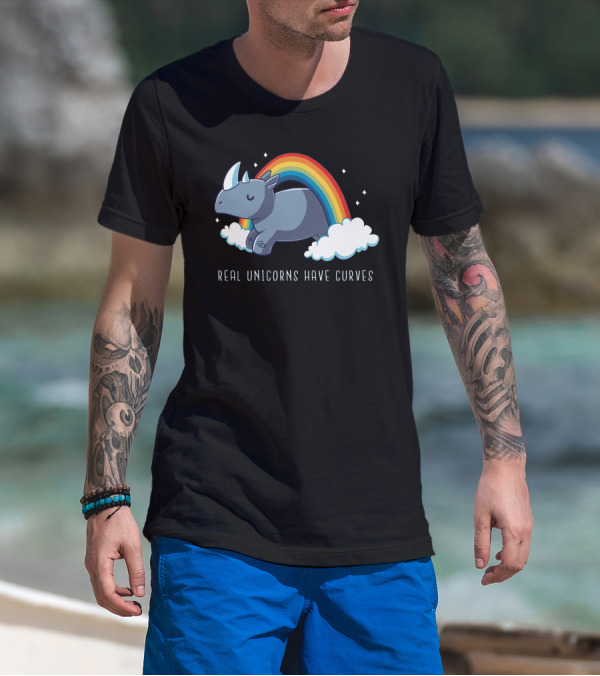 Real Unicorns Have Curves Rhino Rainbow Clouds T-Shirt