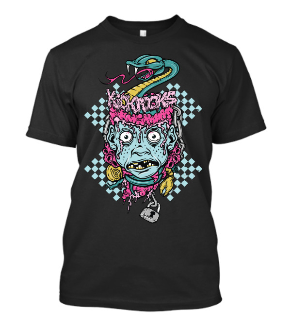 Kickrocks Snake Zombie Chain Head With Lock And Checkered Background T-Shirt