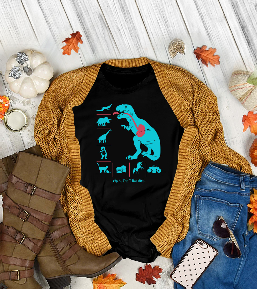 Fig.1. - The T-Rex Diet Featuring Dinosaurs, Burger, and Truck Elements T-Shirt
