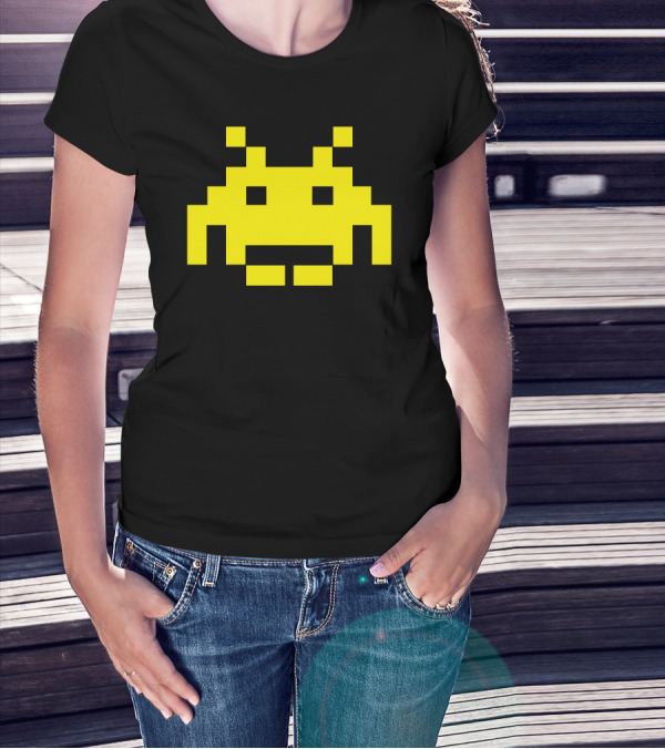 Uomo 4 Space Invaders Anni80 Vintage Videogames Iconic Yellow Alien Pixel T-Shirt