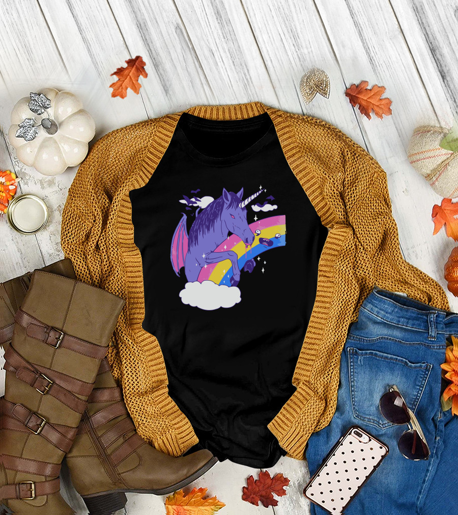 Vampcorn Rainbow Vampire Unicorn with Wings and Cloud Bats T-Shirt