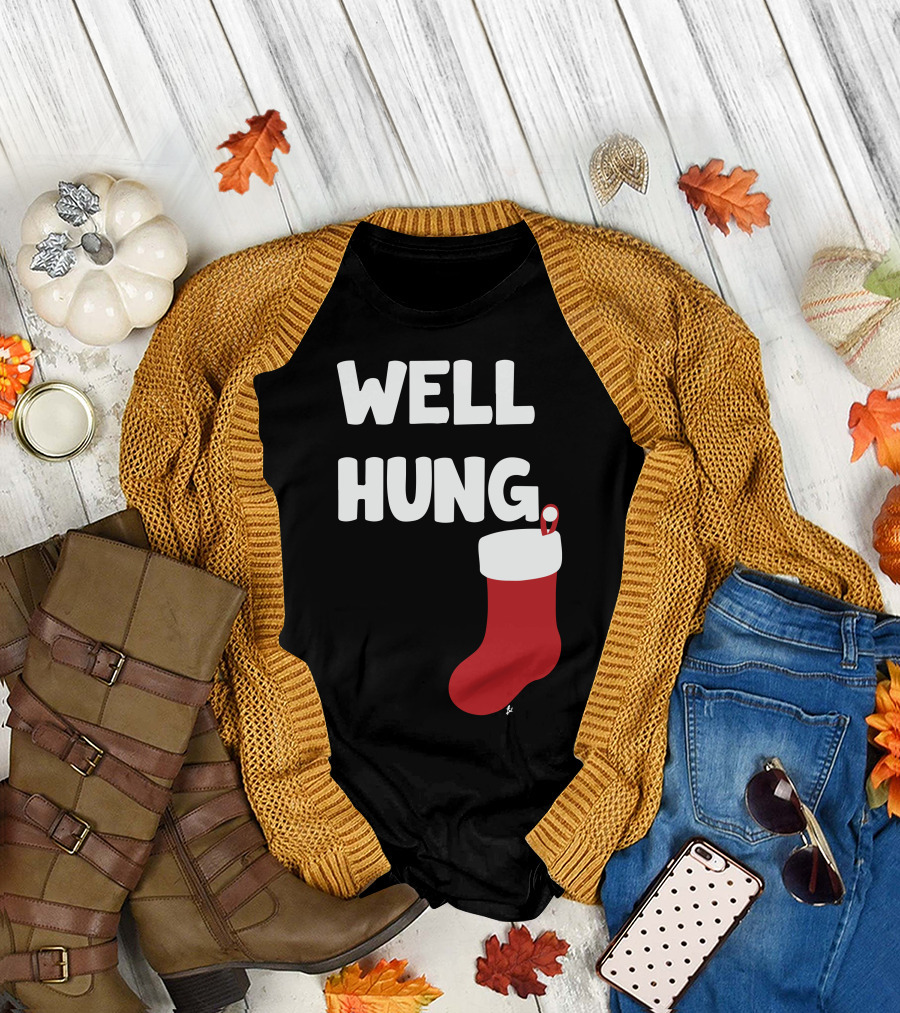 Well Hung Endowed Christmas Stocking Santa Joke T-Shirt