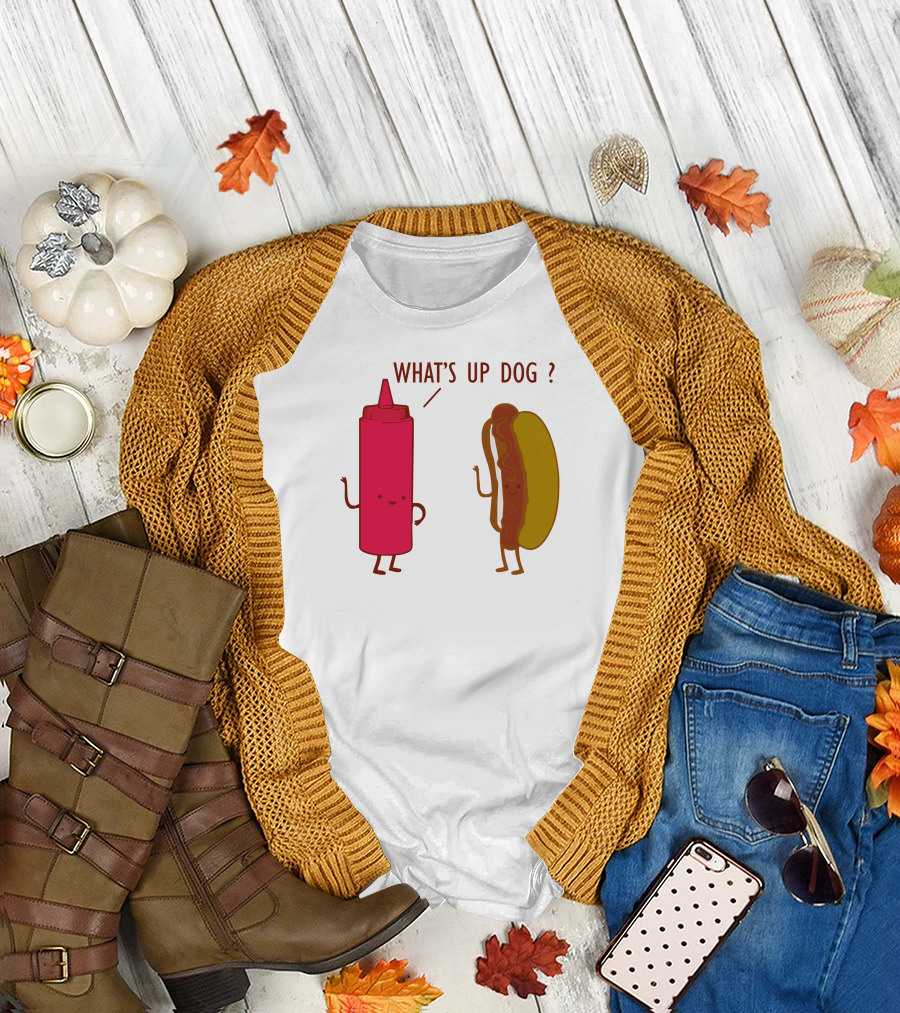 What's Up Dog Ketchup Bottle and Hot Dog Playful Interaction T-Shirt