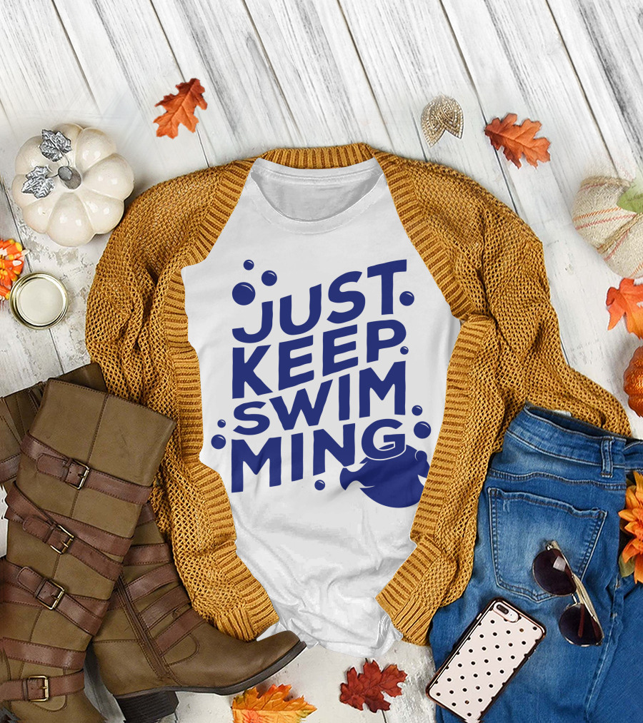 Just Keep Swimming Dory Blue Text with Bubbles T-Shirt