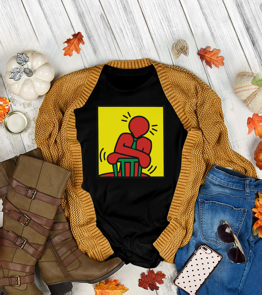 Keith Haring Figure Leaning on Chair Vibrant Yellow Background T-Shirt