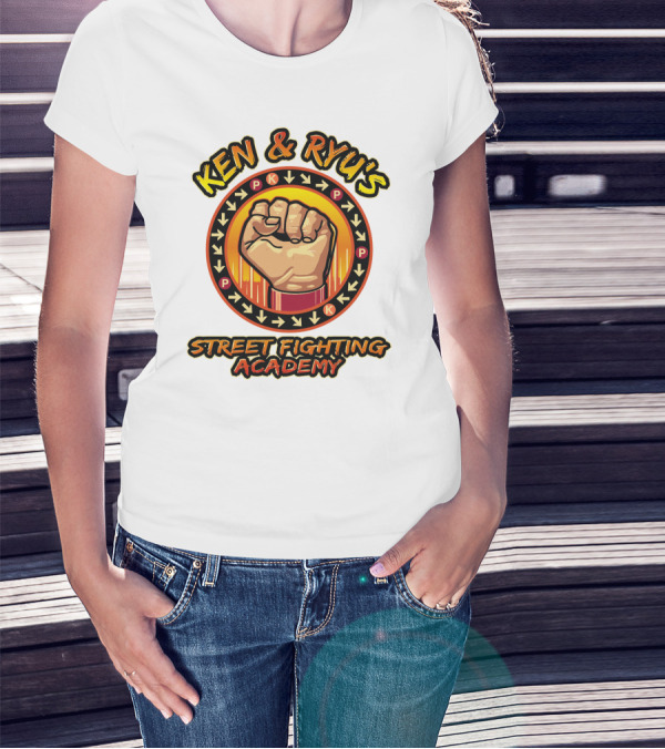 Ken And Ryu's Street Fighting Academy Fist Symbol With Moves Arrows T-Shirt