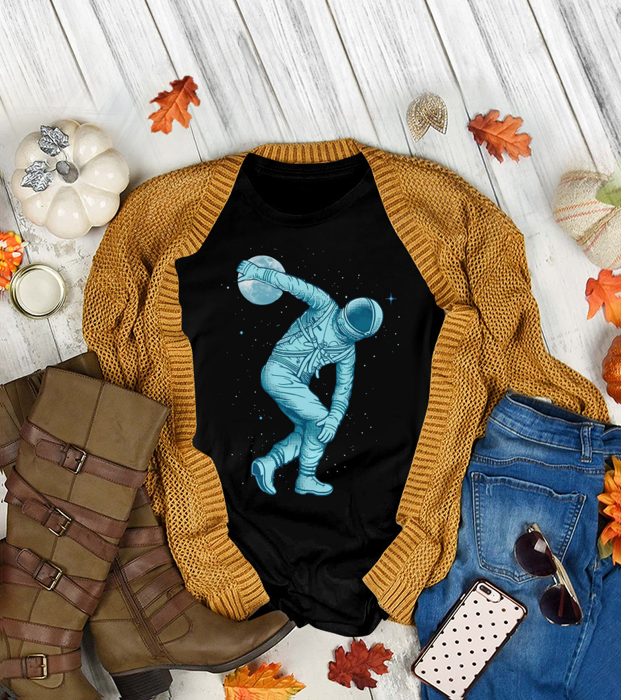Astronaut Throwing Moon in Space Discus T-Shirt