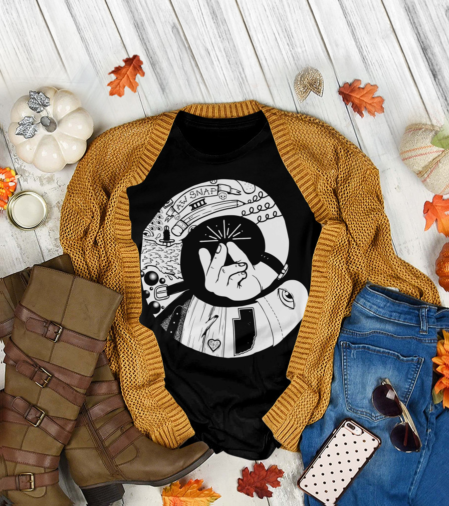 Aw Snap Hand Gesture with Cosmic Symbols and Abstract T-Shirt