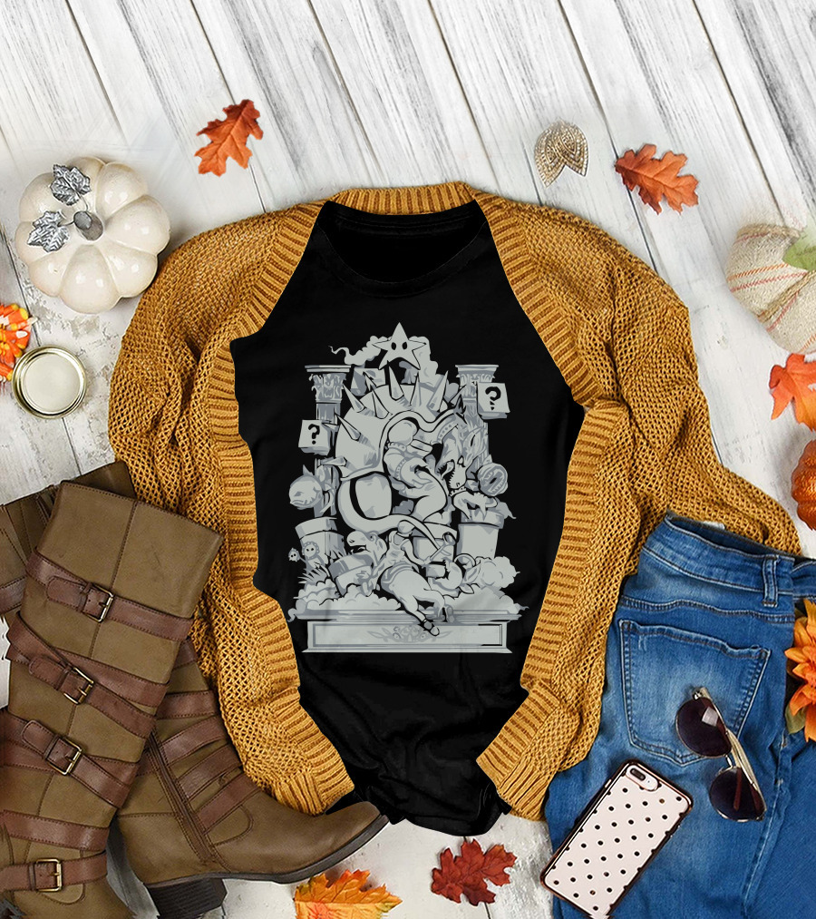 Bowser's Mushroom Kingdom Battle Scene with Question Blocks and Classic Characters T-Shirt