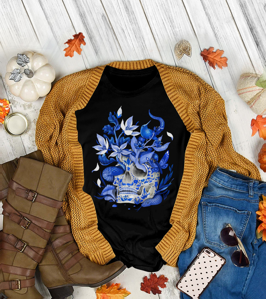 Beauty Immortal Skull with Blue Floral Elements T-Shirt